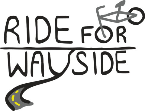 Ride for Wayside Logo, featuring the illustrative Wayside text and an illustration of a bicycle.